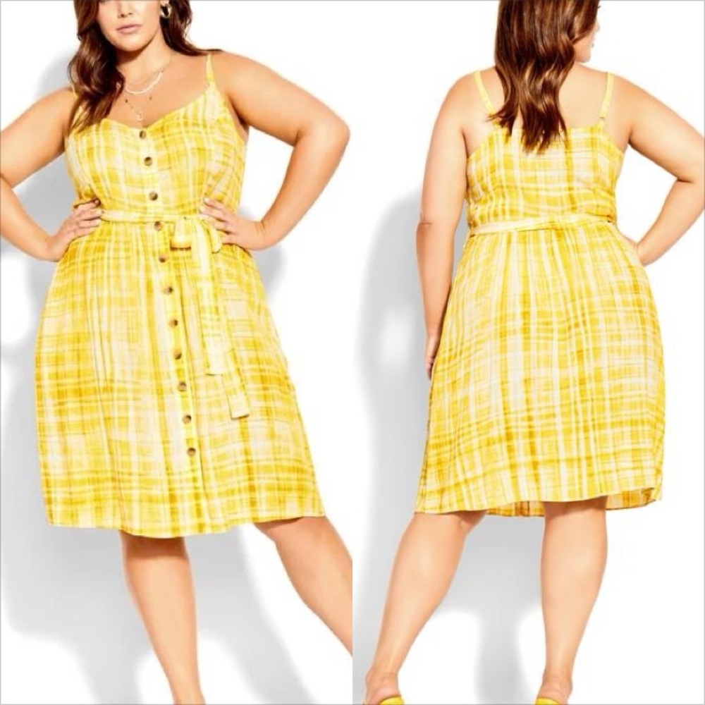 City Chic Positano Yellow check plaid sleeveless button down tie midi sun dress